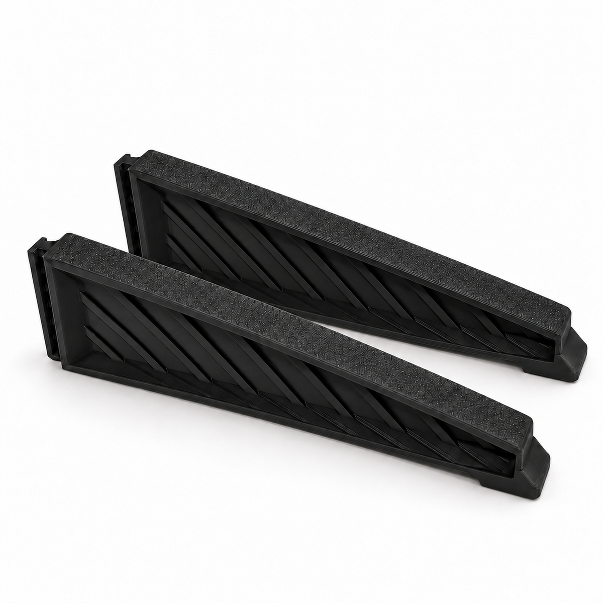 Two black medium replacement legs for a Christmas tree stand, showing ribbed side panels