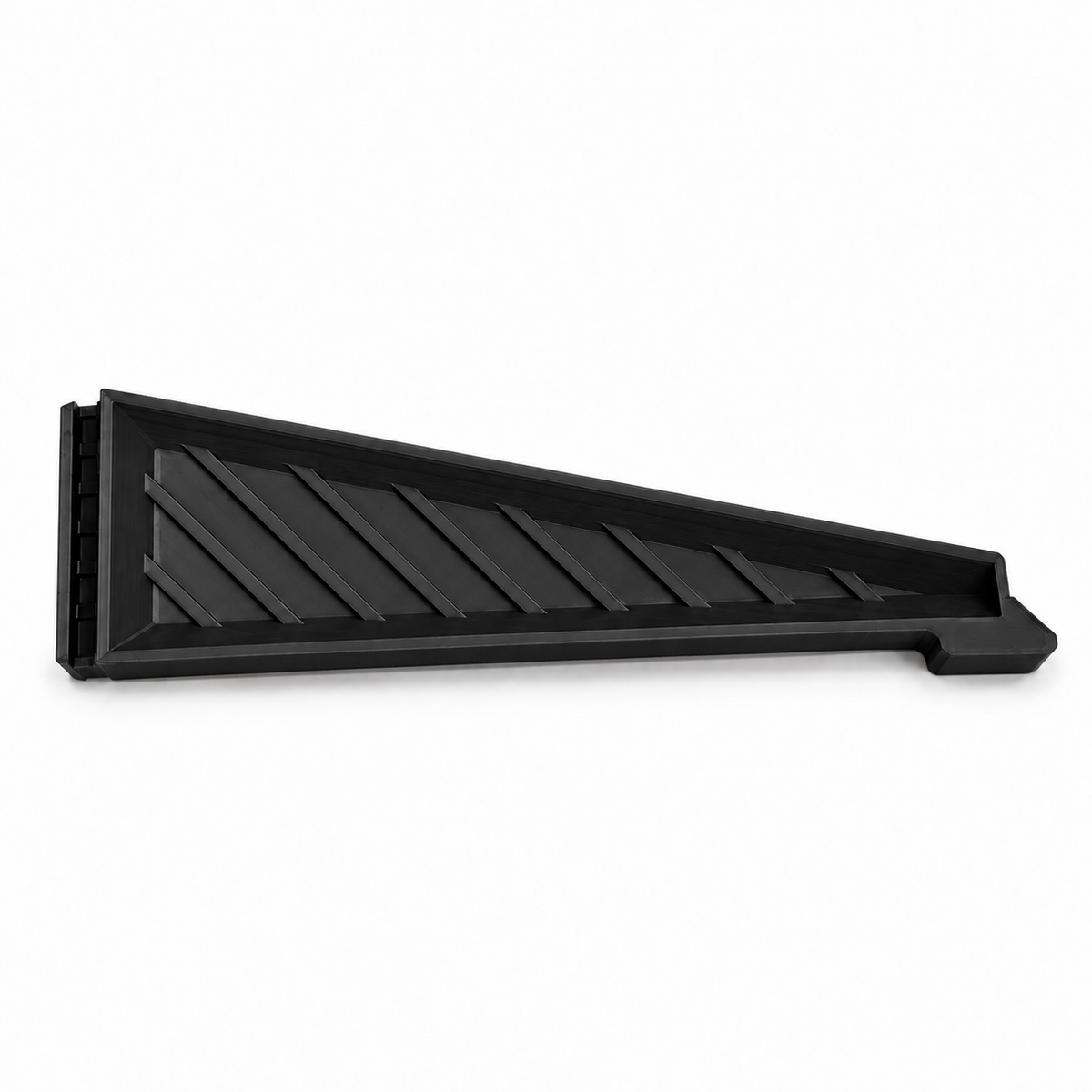Side view of a black medium Christmas tree stand replacement leg showing its connector end and ribbed panel