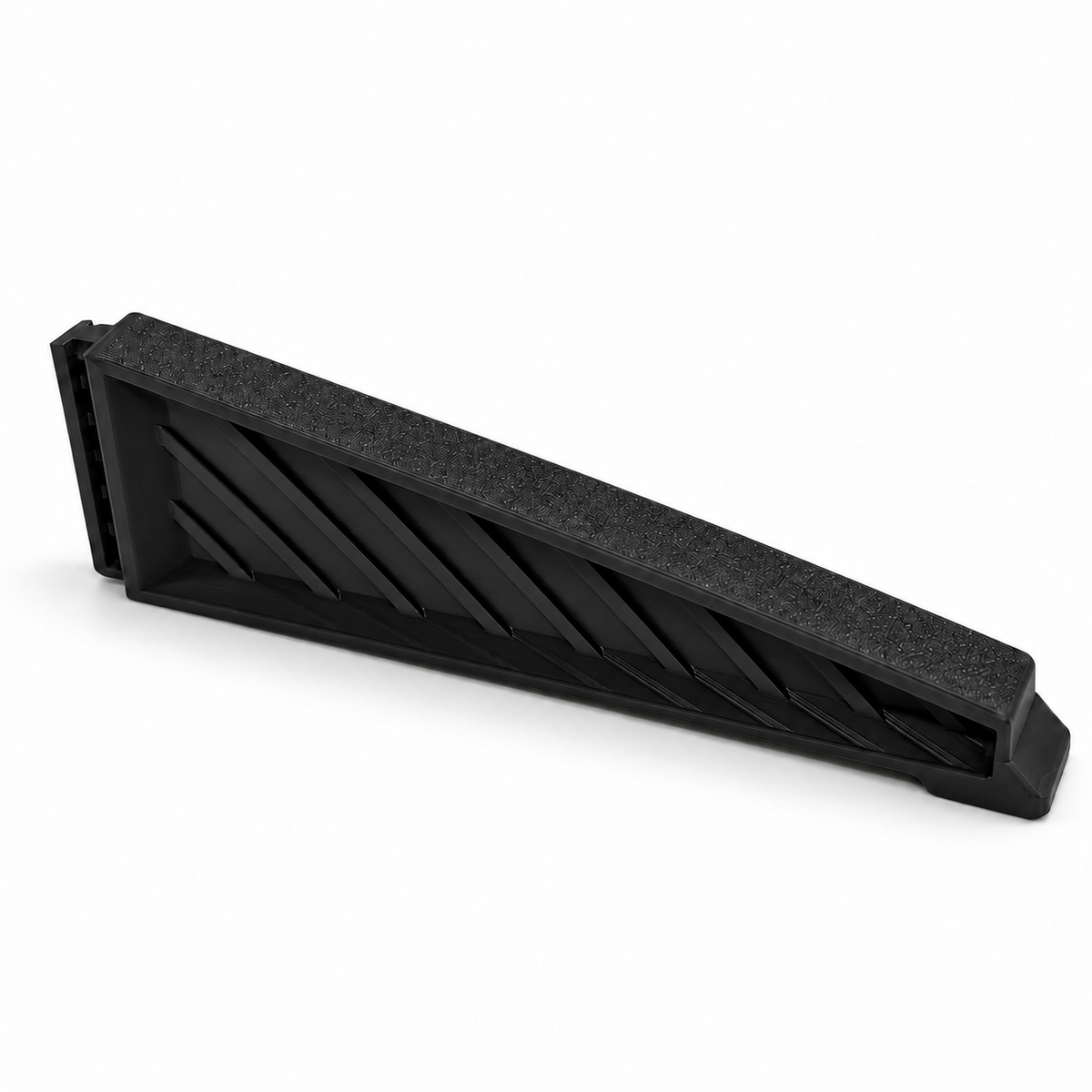Single black medium Christmas tree stand replacement leg with a tapered shape and ribbed side