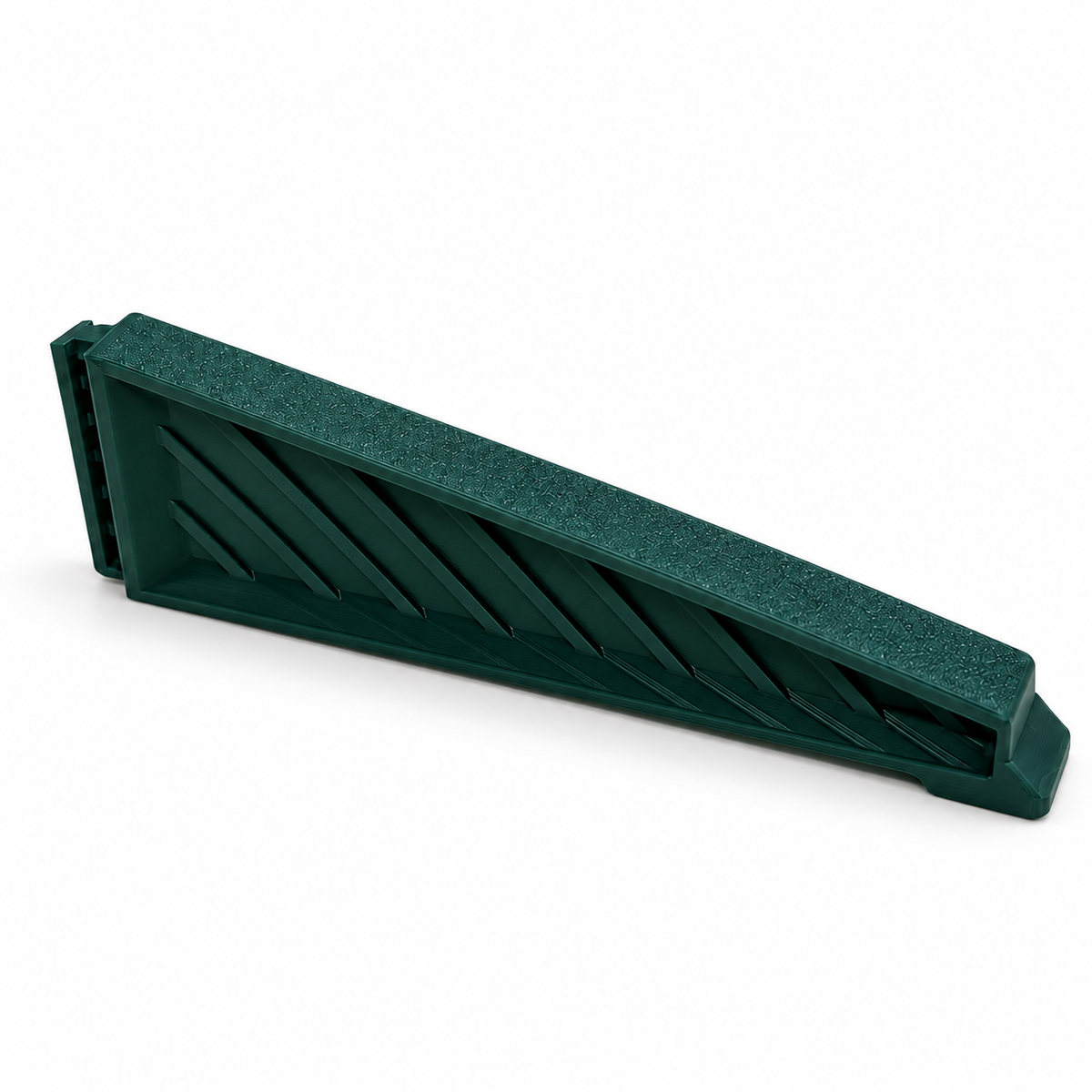 Single green medium Christmas tree stand replacement leg with a tapered shape and ribbed side