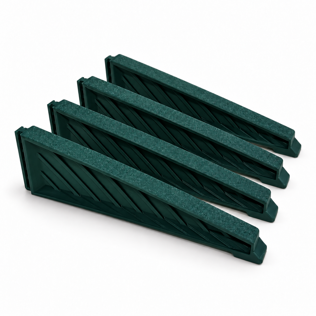 Four green medium Christmas tree stand replacement legs with ribbed sides on a white background