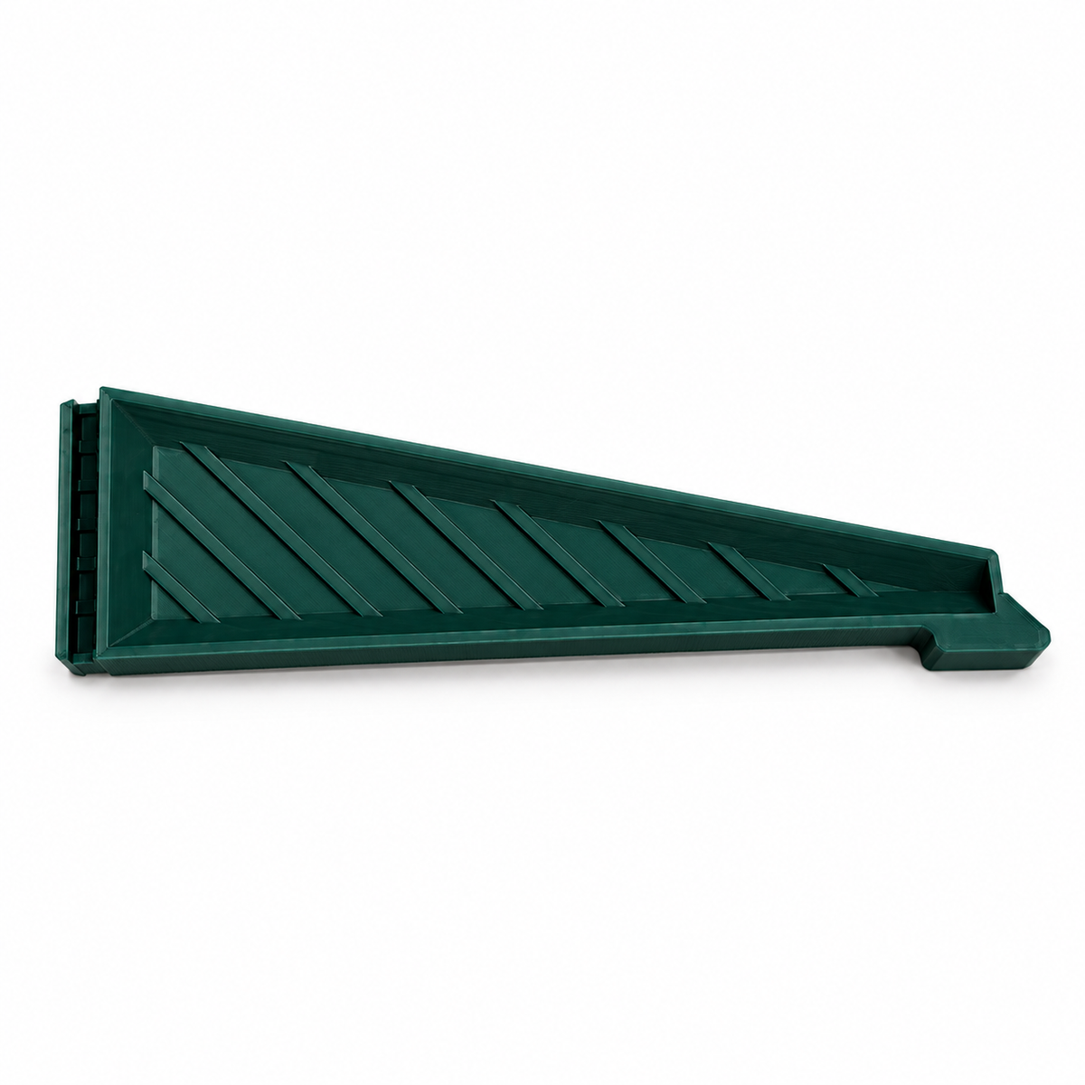 Side view of a green medium Christmas tree stand replacement leg showing its connector end and ribbed panel