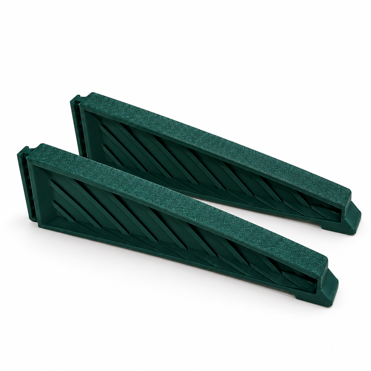 Two green medium replacement legs for a Christmas tree stand, showing ribbed side panels