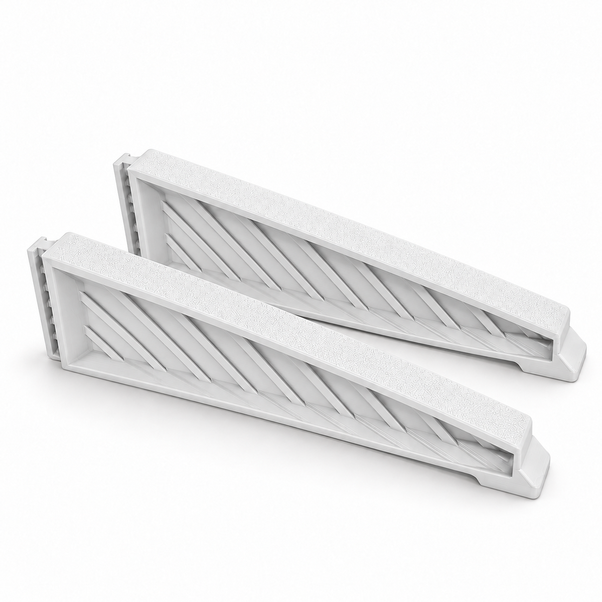 Two white medium replacement legs for a Christmas tree stand, showing ribbed side panels