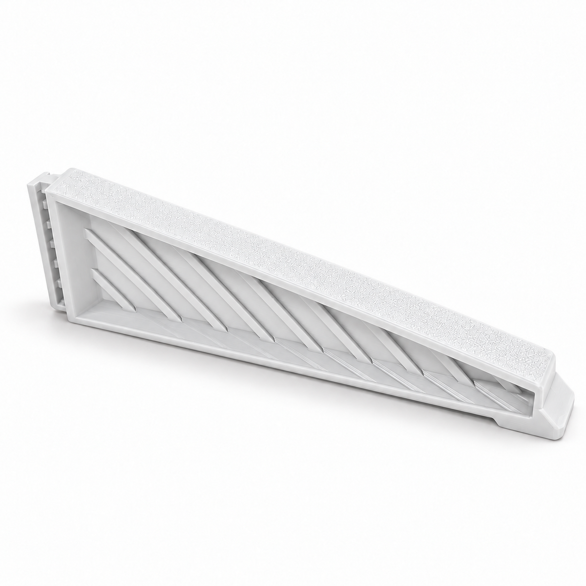 Single white medium Christmas tree stand replacement leg with a tapered shape and ribbed side