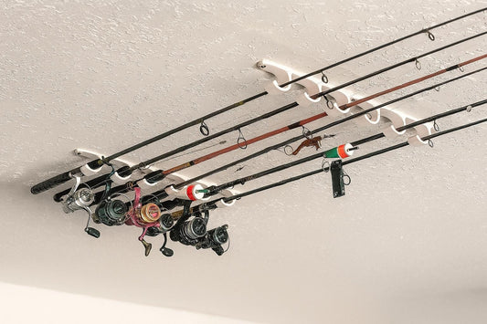 Ceiling Mounted Fishing Rod Holder – 3 or 6 Pole Rack – White Plastic with Mounting Hardware