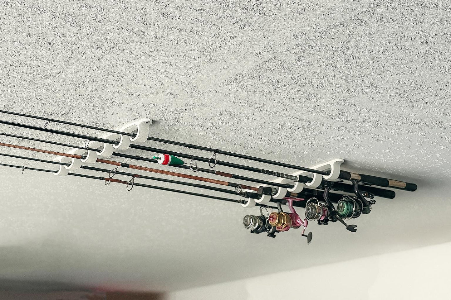 Ceiling Mounted Fishing Rod Holder – 3 or 6 Pole Rack – White Plastic with Mounting Hardware