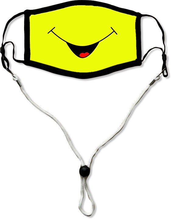 Yellow Smile Face Mask, Washable/Reusable/Flexible Adult or Child Mask with Optional Lanyard