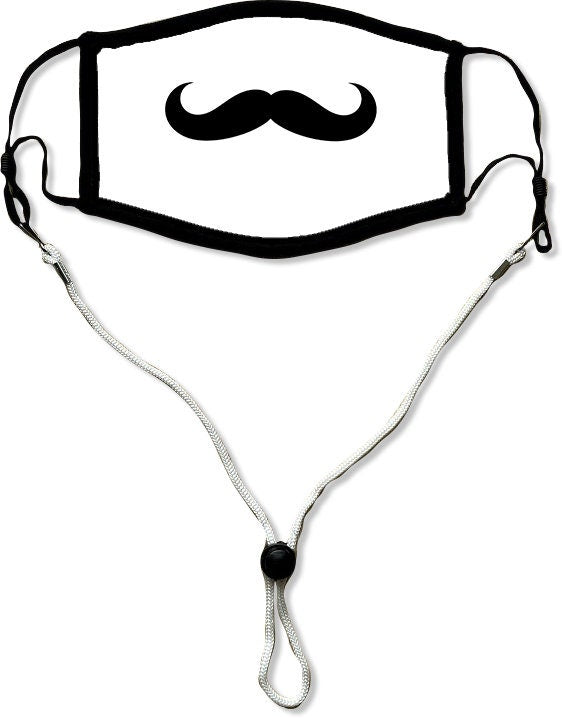 White and Black Mustache Face Mask, Washable/Reusable/Flexible Adult or Child Mask with Optional Lanyard