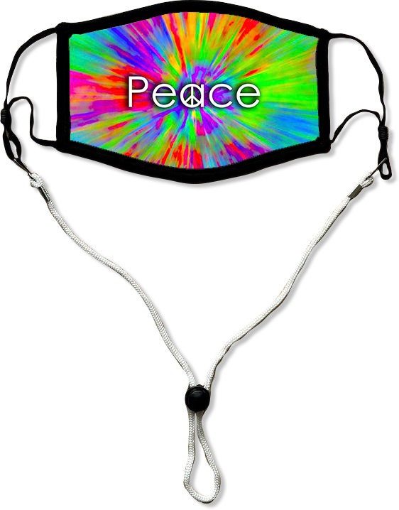 Tie Dye Peace Face Mask, Washable/Reusable/Flexible Adult or Child Mask with Optional Lanyard