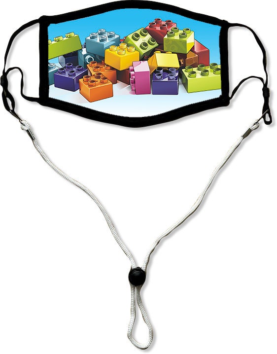 Toy Blocks Face Mask, Washable/Reusable/Flexible Child or Adult Mask with Optional Lanyard